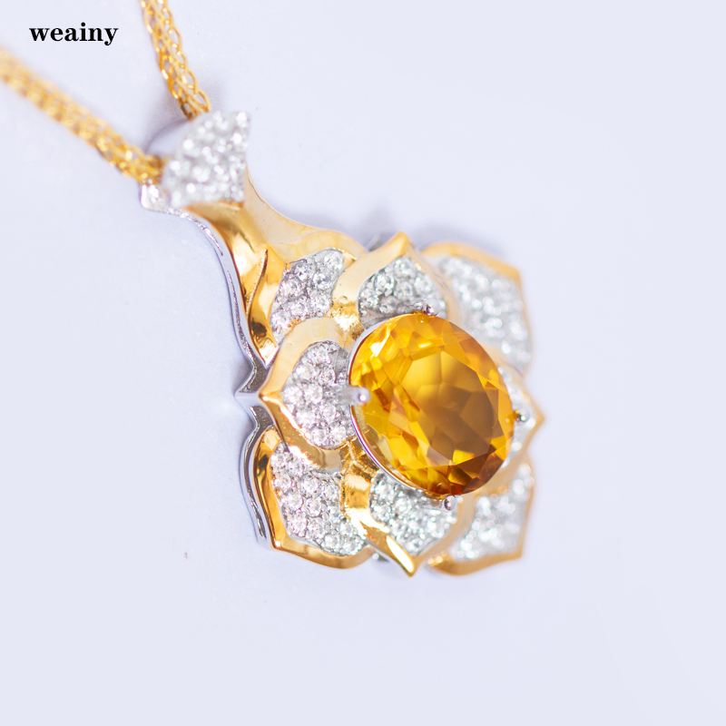 送妈妈礼物富贵花开招财天然黄水晶项链S925纯银镀黄金重工吊坠女