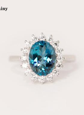 英国戴安娜王妃同款天然伦敦蓝天然托帕石戒指S925纯银镀18K真金