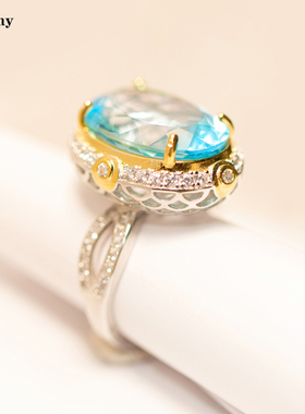 16克拉天然托帕石戒指项链套装瑞士蓝纯银镀金双色吊坠指环活口女