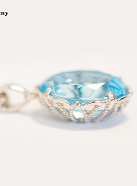 浪漫蕾丝款天然托帕石吊坠S925纯银镀金项坠海蓝宝石色项链礼物女