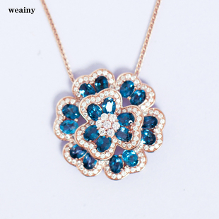天然蓝宝石色的伦敦蓝托帕石花朵项链纯银吊坠送老婆客户礼物女