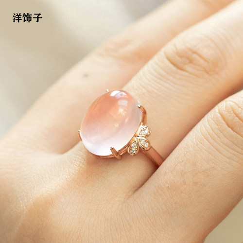 正品天然粉晶戒指925纯银镀18K玫瑰金芙蓉石女戒子豪华款活口证书