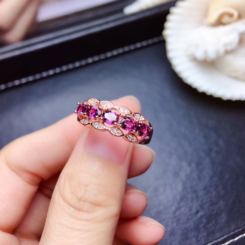 天然紫牙乌石榴石排戒纯银镀18k