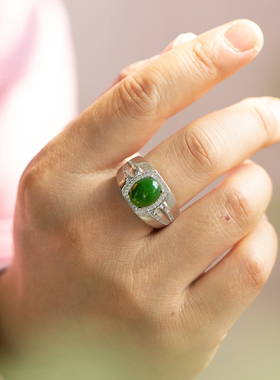 天然和田碧玉男士大板戒S925纯银镀金不过敏菠菜绿无黑点板戒高档