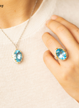 原创设计天然托帕石戒指项链套装16克拉瑞士蓝纯银镀金双色吊坠女