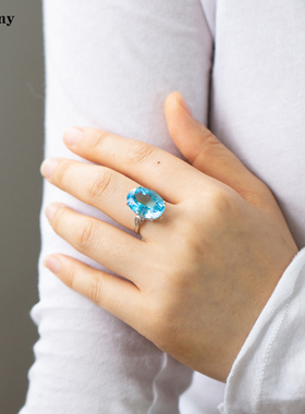 16克拉天然瑞士蓝托帕石戒指圣玛利亚色宝石纯银活口女送老婆礼物