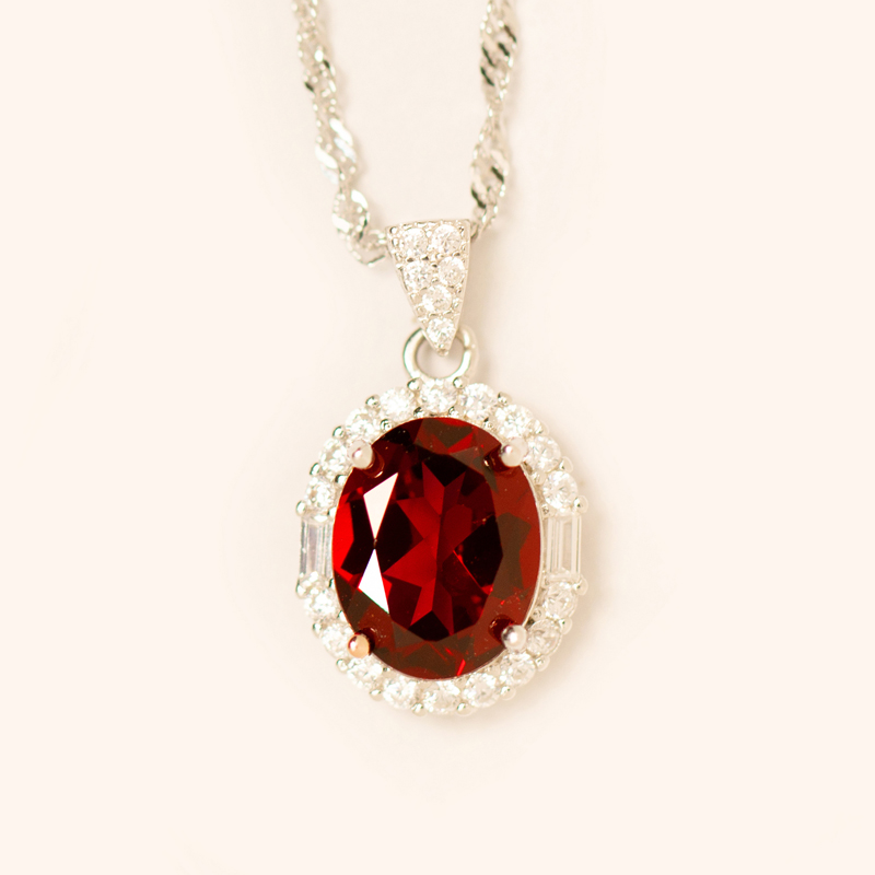 简约通勤天然石榴石吊坠925纯银镀金酒红色宝石项链子带证书礼物