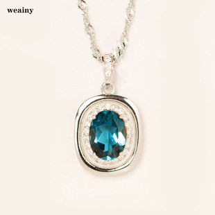 简约天然伦敦蓝托帕石项链S925纯银镀金吊坠简约蓝宝石色的坠子女