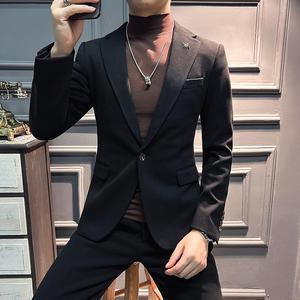 高品质新款毛呢加厚保暖西装男套装暗条纹卡其西服DX5516-P155
