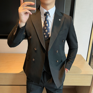 高品质   双排扣西装套装商务正装男三件套蓝色西服SJT5502-P285图片