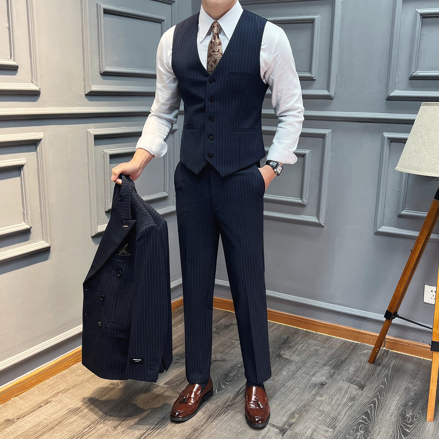 高品质条纹马甲男通勤职业婚礼马夹黑色马甲套装MJT2501-P130,男装休闲套装,星座197