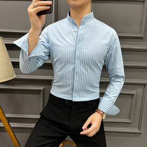 2025春夏潮流立领条纹衬衫男士长袖男装新中式痞帅衬衣CS751-P78图片