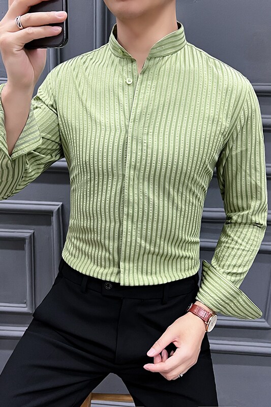 2025春夏潮流立领条纹衬衫男士长袖男装新中式痞帅衬衣CS751-P78,男装衬衫,星座197