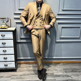 真袖叉双排扣纯色西装男套装商务结婚三件套杏色SJT5502-P280，男装西服套装，星座197