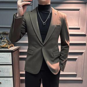 高品质新款毛呢加厚保暖西装男套装暗条纹卡其西服DX5516-P155