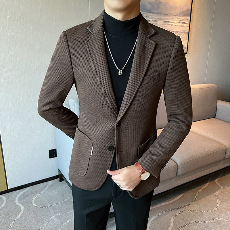 2025春秋新款华夫格西装男士格子西服咖啡色外套DX6613-P155,男装西服套装,星座197