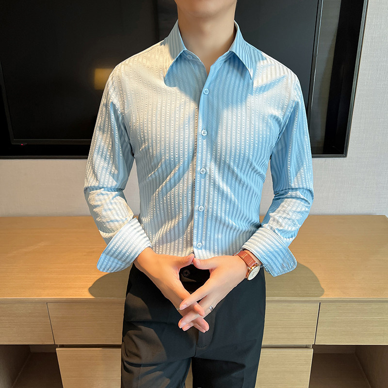 高品质定制面料莫代尔泡泡纱条纹男士蓝色衬衣CS903-P78，男装衬衫，星座197