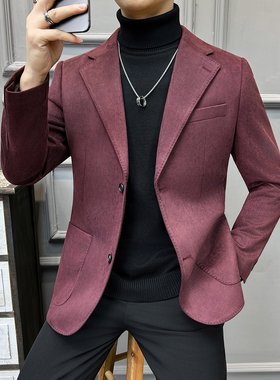 法式 大领子 高品质麂皮绒西装外套男修身紫红色西装XZ5533-P155