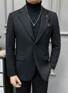 高品质毛呢加厚保暖西装男外套暗条纹黑色休闲西服DX6692-P155