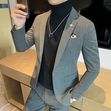 一粒扣西装男套装男士修身条纹西服正装新郎结婚礼服LJT6668-P205，男装西服套装，星座197