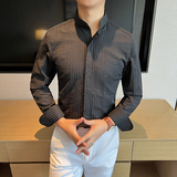 高品质潮流立领条纹衬衫男士长袖绿色新中式痞帅衬衣CS751-P78，男装衬衫，星座197