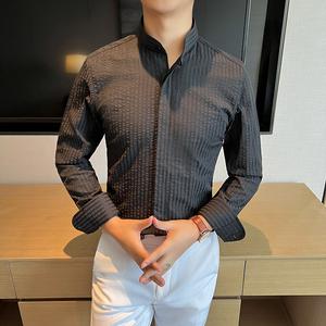 高品质 潮流立领条纹衬衫男士长袖绿色新中式痞帅衬衣CS751-P78图片