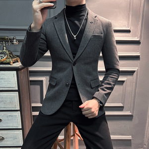 高品质新款毛呢加厚保暖西装男外套暗条纹黑色西服DX6692-P155,穿中长裙毛衣怎么搭配图片