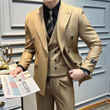 真袖叉双排扣纯色西装男套装商务结婚三件套咖啡SJT5502-P280，男装西服套装，星座197