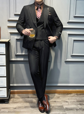 真袖叉 双排扣 纯色西装男套装商务结婚三件套 黑色 SJT5502-P280
