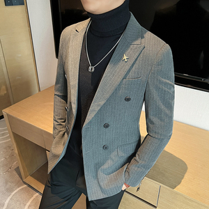 高品质 西装男士商务职业双排扣条纹西服新郎礼服 DX6667-P140图片