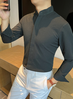 高品质 新款定制面料 泡泡纱新中式立领暗扣墨绿色衬衫CS651-P78