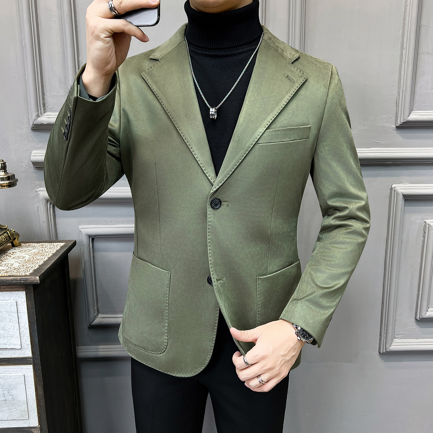 法式大领子高品质麂皮绒西装外套男修身绿色西装XZ5533-P155，男装西服套装，星座197