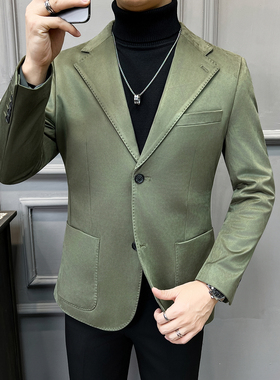 法式 大领子 高品质麂皮绒西装外套男修身绿色西装XZ5533-P155