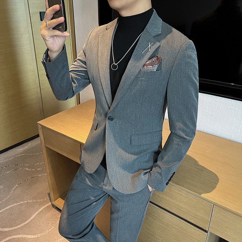 新款高品质修身大码一粒扣西装男套装深灰色二件套LJT2401-P170,男装西服套装,星座197