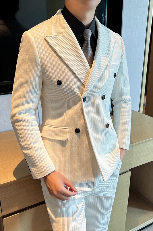高品质雪尼尔西装男套装双排扣修身小西服咖啡外套LJT2405-P230,男装西服套装,星座197