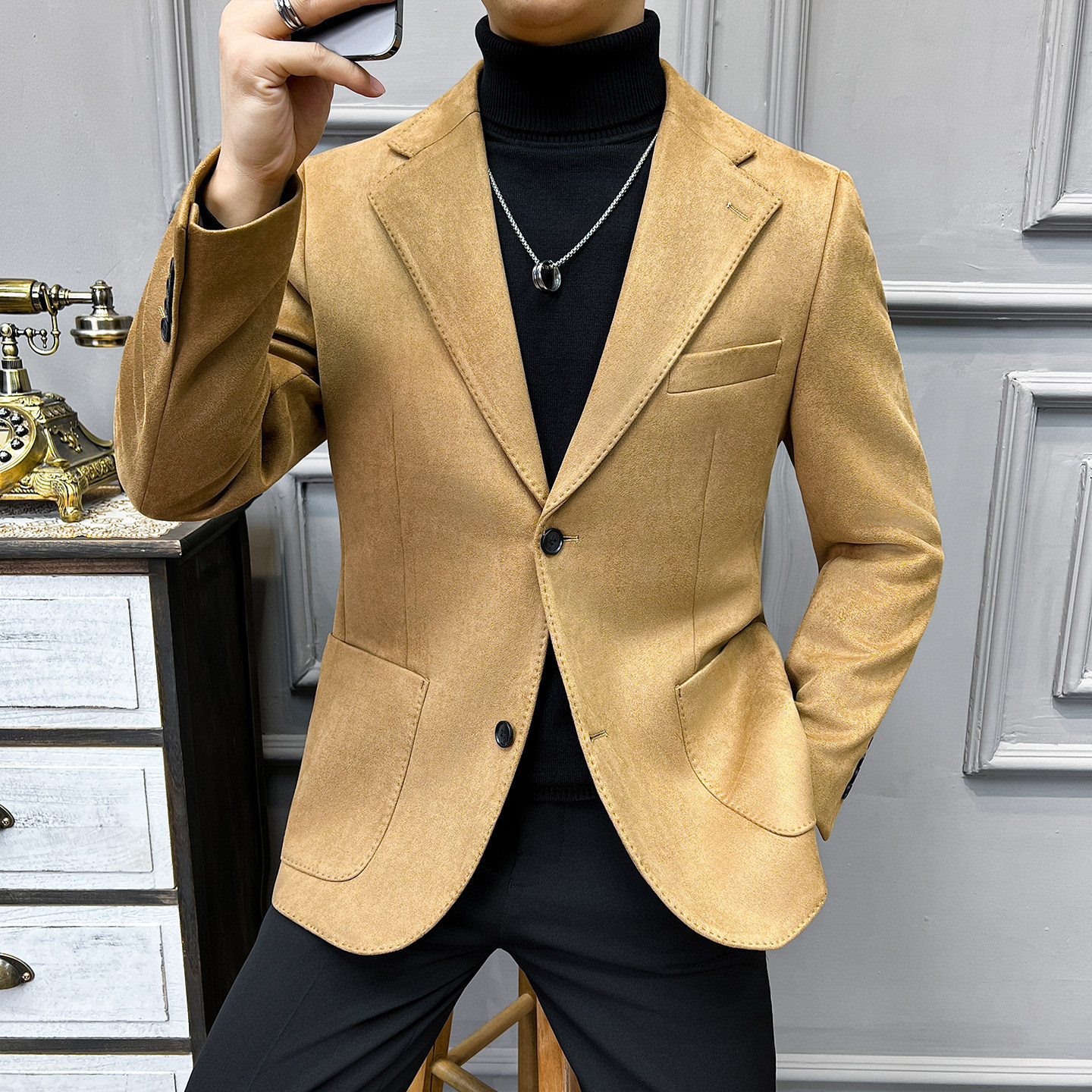 法式大领子高品质麂皮绒西装外套男修身浅棕色西装XZ5533-P155，男装西服套装，星座197