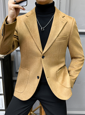 法式 大领子 高品质麂皮绒西装外套男修身浅棕色西装XZ5533-P155