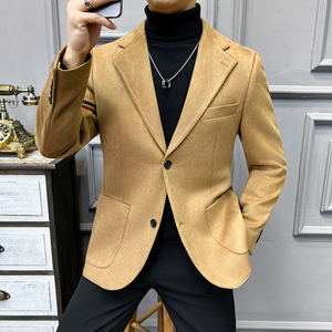 法式 大领子 高品质麂皮绒西装外套男修身浅棕色西装XZ5533-P155，男装西服套装，星座197