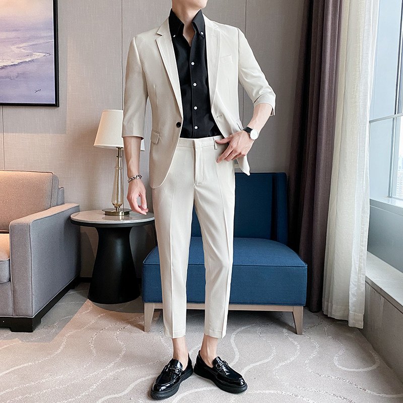 2025夏季男士韩版修身九分裤中袖西装套装短袖西服潮LJT2205-P205,男装西服,星座197