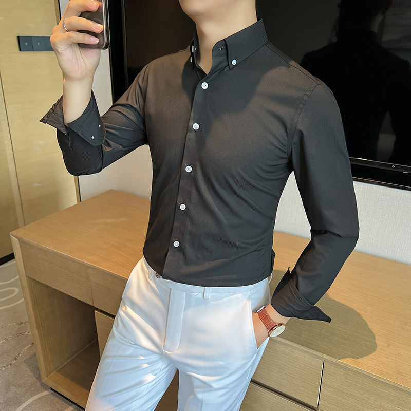 高品质定制面料痞帅细条纹白色男士扣领衬衣白色CS027-P88,男装衬衫,星座197