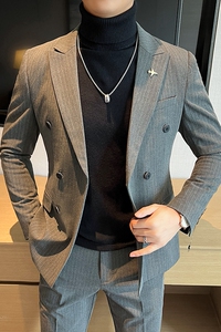双排扣西装男套装男士修身条纹西服正装新郎结婚礼服LJT6667-P205图片