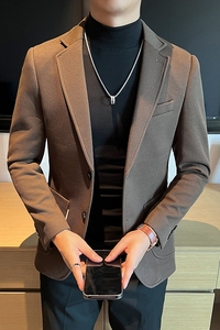 2025春秋新款华夫格西装男士格子西服咖啡色外套DX6613-P155图片
