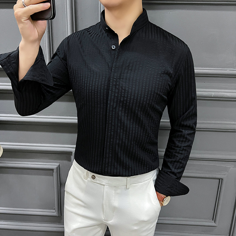 2025春夏潮流立领条纹衬衫男士长袖男装新中式痞帅衬衣CS751-P78,男装衬衫,星座197