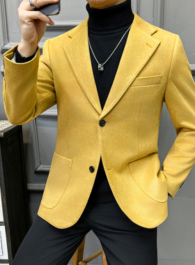 法式 大领子 高品质麂皮绒西装外套男修身黄色西装XZ5533-P155