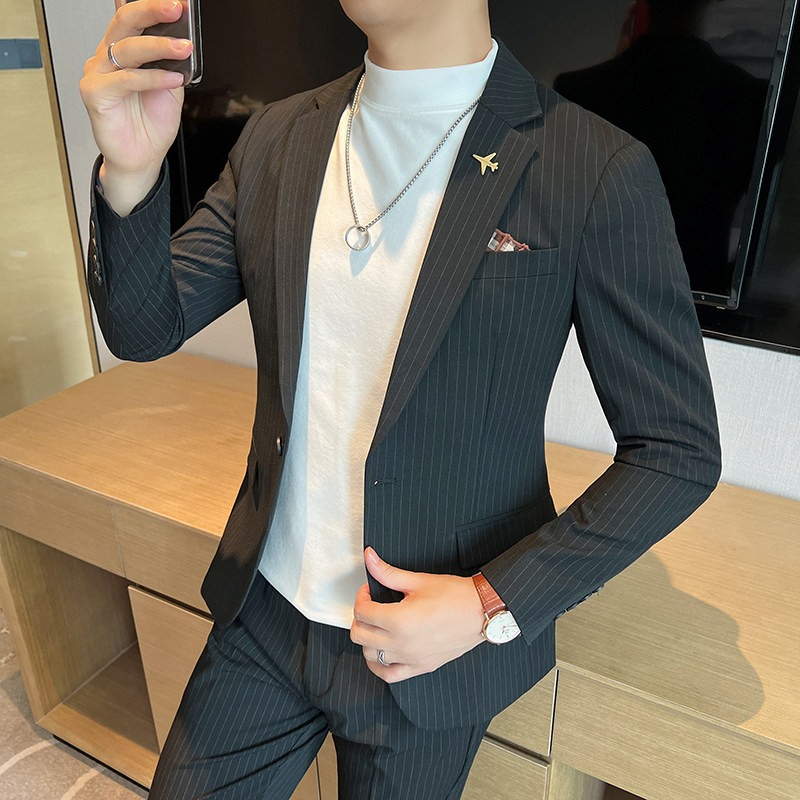 一粒扣西装男套装男士修身条纹西服正装新郎结婚礼服LJT6668-P205,男装西服套装,星座197