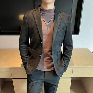 高品质麂皮绒西装外套男修身高级感西服男黑色单西男XZ5533-P155图片