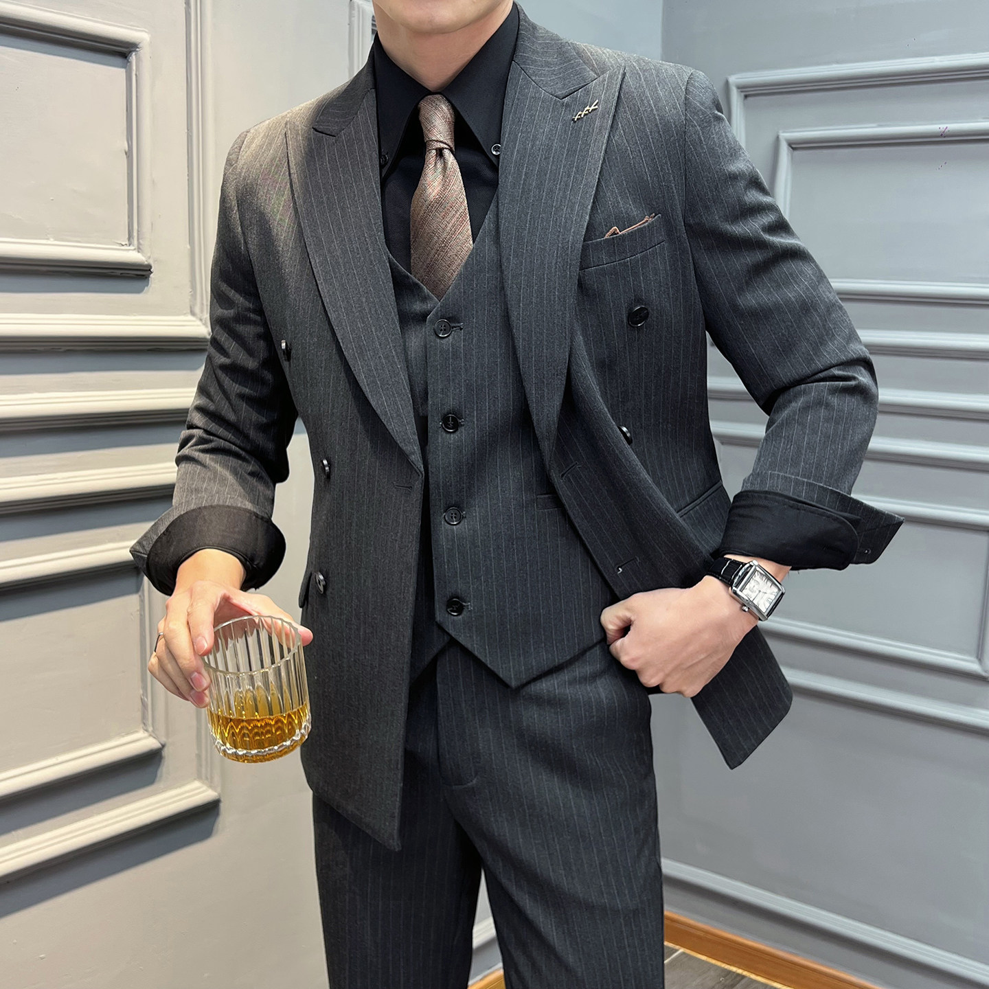 真袖叉双排扣条纹西装男套装商务结婚三件套藏青SJT2502-P280,男装西服套装,星座197