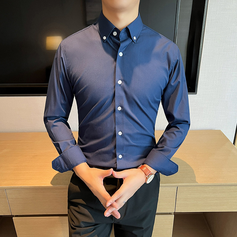 高品质定制面料痞帅细条纹白色男士扣领衬衣白色CS027-P88,男装衬衫,星座197