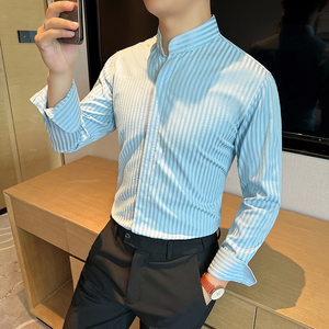 高品质 潮流立领条纹衬衫男士长袖绿色新中式痞帅衬衣CS751-P78图片