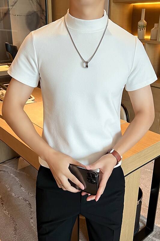 德绒双面绒男士修身短袖t恤圆领高级感弹力白色打底衫DT6619-P40,男装T恤,星座197